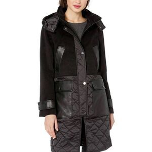 Badgley Mischka Women's Black Wool Leather Puffer Coat sz L